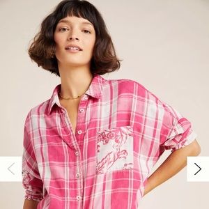 ✅Pilcro n Letterpress Oversized Plaid Pink Tunic Floral Button Up Shirt